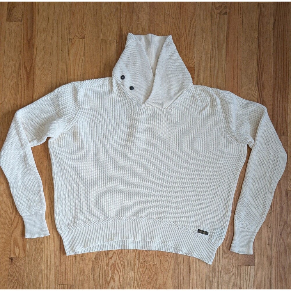 Vintage Polo Ralph Lauren White Beige Shawl Neck Sweater Men's Medium